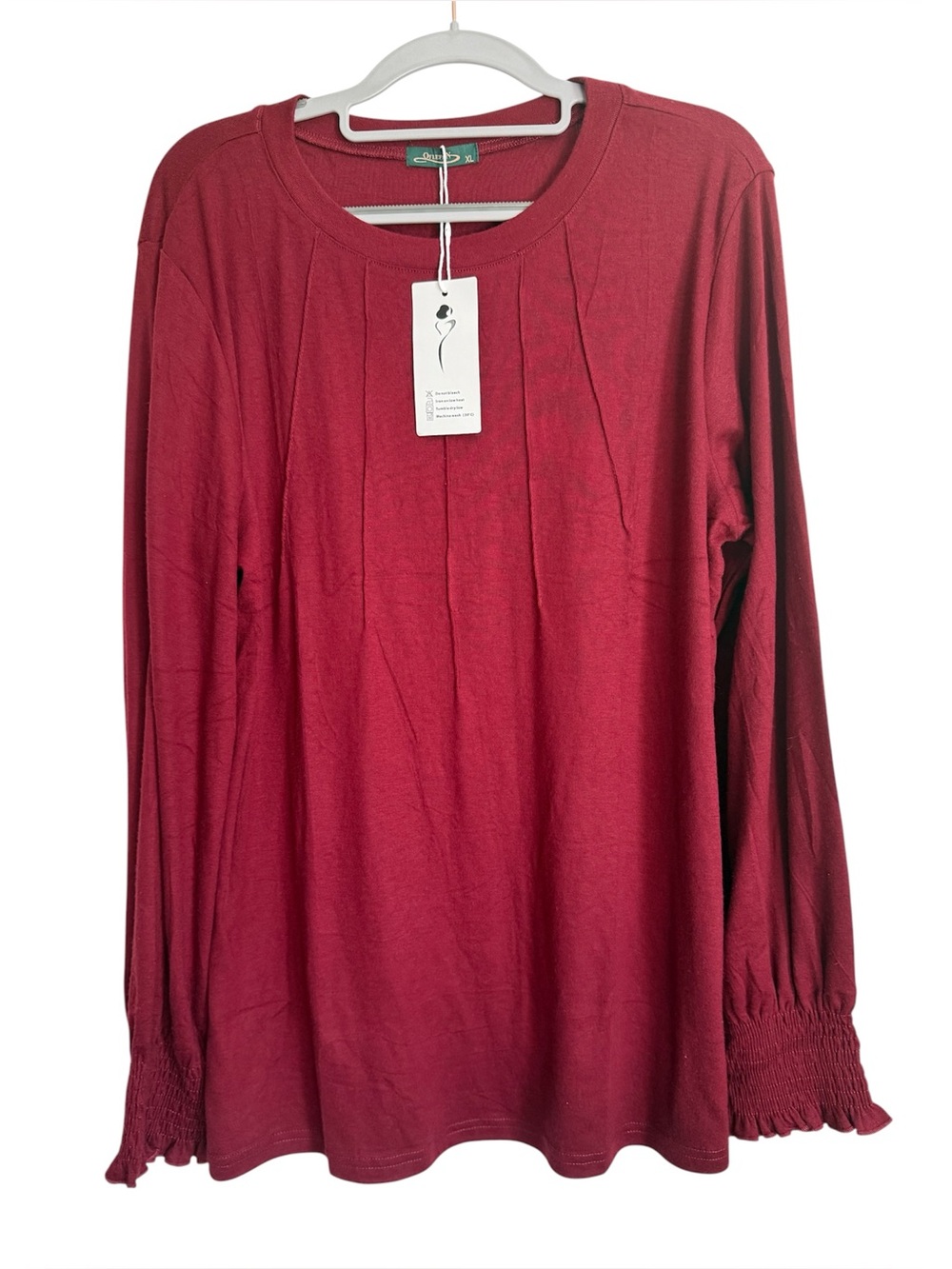 Women's Long-Sleeve Pleated Knit Top - Burgundy